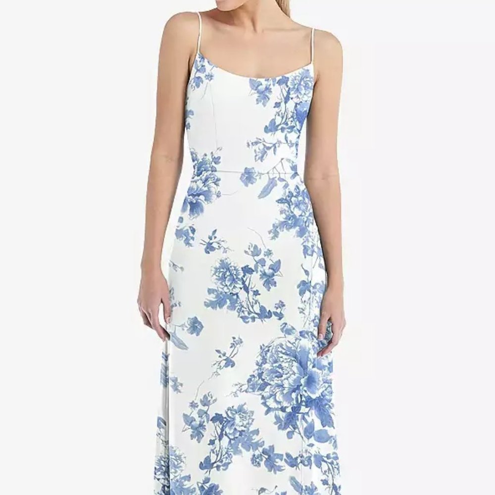 Scoop Neck Ruffle-Trimmed High Low Maxi Dress...Cottage Rose Blue.Size 8..NWT